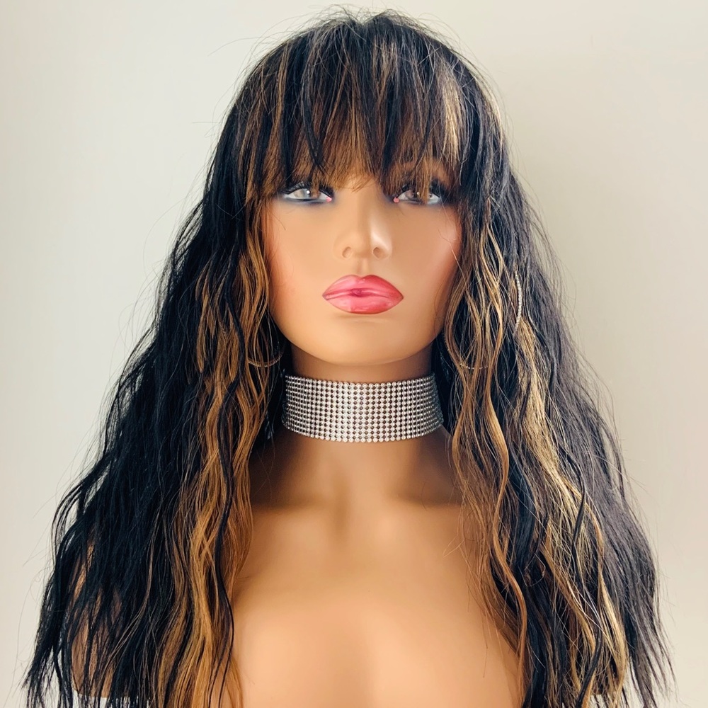 Simply Sexy is This “Put On & Go” Black/Auburn Synthetic Wig with Bangs💋